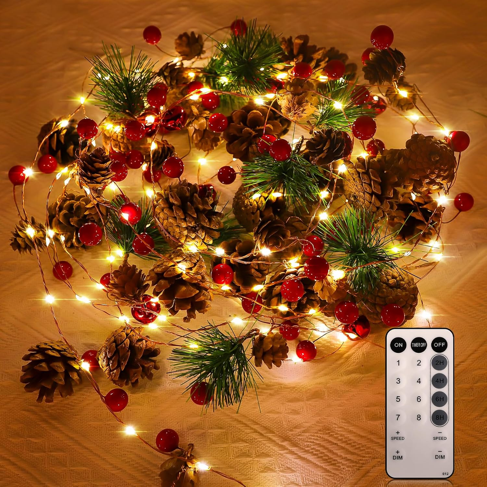 Christmas Garland with Lights, 9.8 Ft 60 LED Red Berry Pine Cone Battery Operate