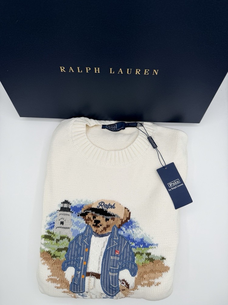 Ralph Lauren Polo Bear Men’s Large White Lighthouse Pullover Crewneck Sweater