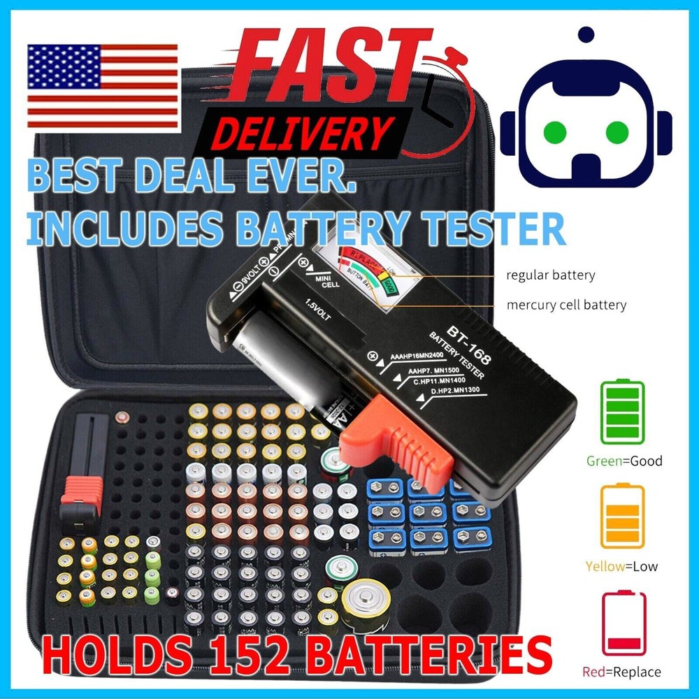 Battery Storage Organizer Tester Carry Case Bag Hold 152 Batteries AA AAA C D 9V