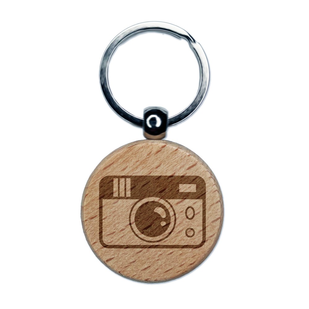 Vintage Disposable Camera Engraved Wood Round Keychain Tag Charm