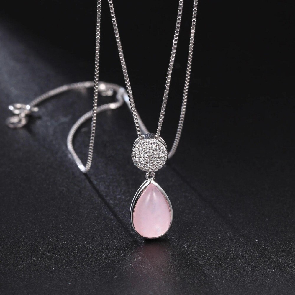 Gem's Ballet Healing Crystal Necklace 8x12mm Pear Shape Pink Chalcedony Gemstone