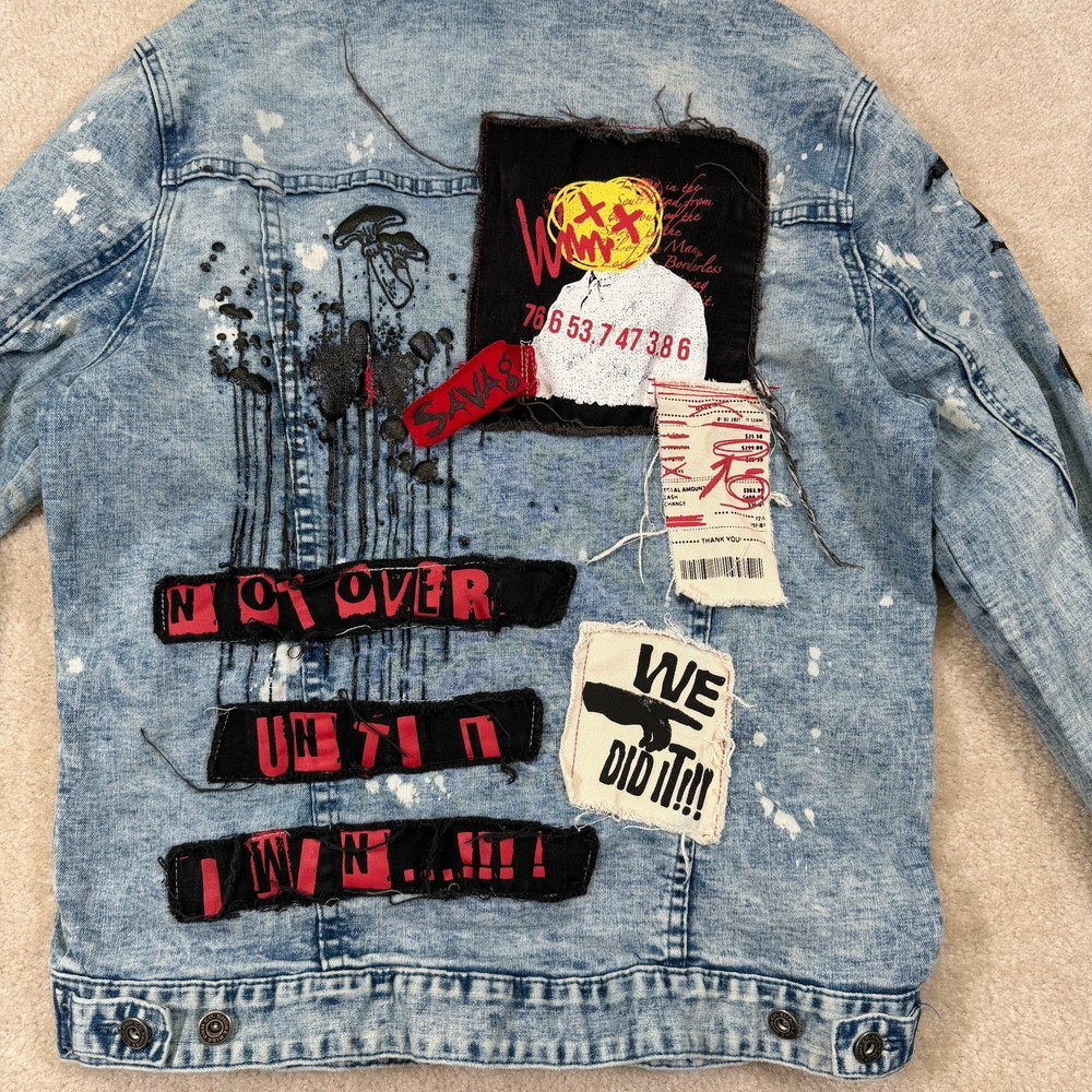 Smoke Rise Restless Graffiti Denim Jacket Men's XL Blue Grunge Y2K Button Up