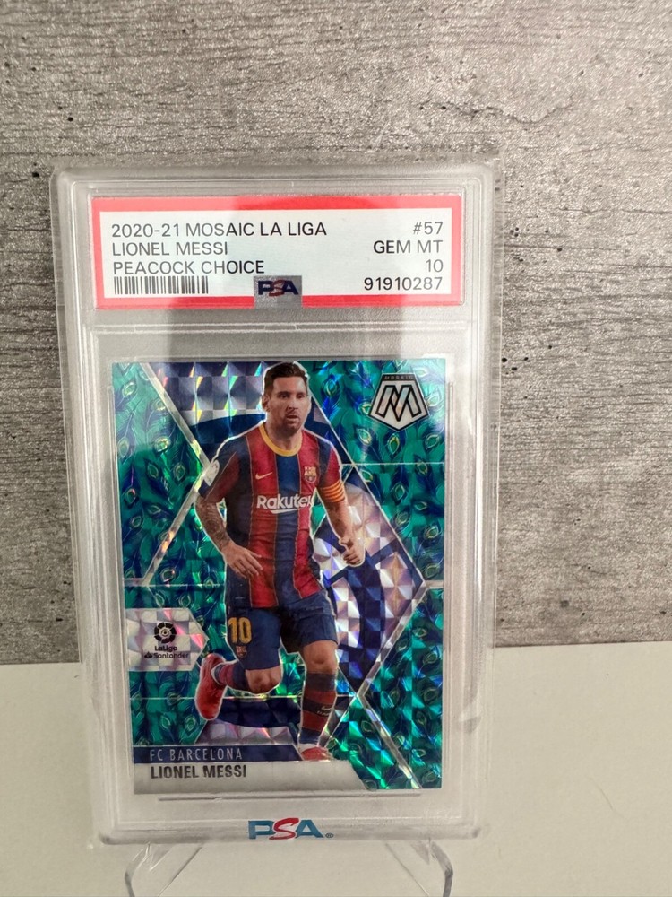 2020-21 Panini Mosaic Peacock Prizm Lionel Messi SSP PSA 10 Gem Mint