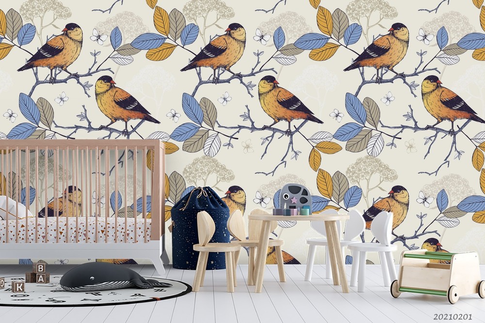 3D Bird Leaf Watercolor Pattern Wall Murals Wallpaper Murals Wall Sticker