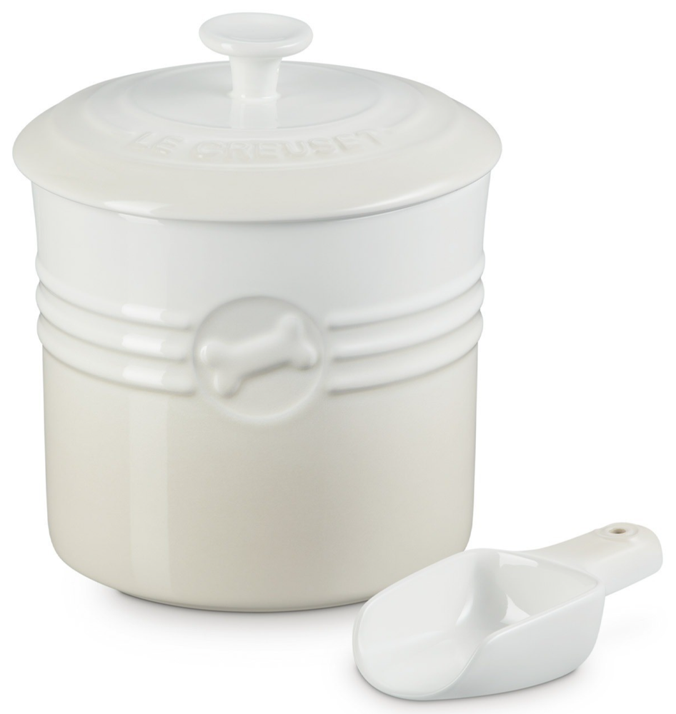 Le Creuset Pet Food Container with Scoop Meringue Stoneware Storage Jar New