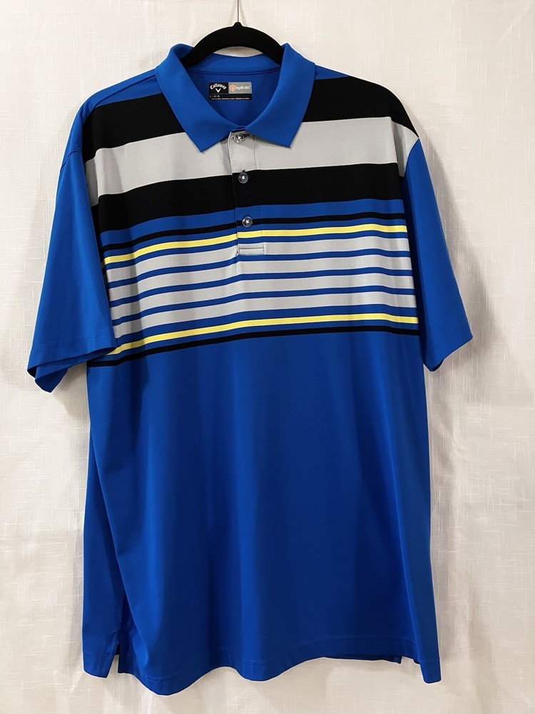 Callaway Men’s Sh Sleeve polo, L, Polyester, Royal Blue w/stripes