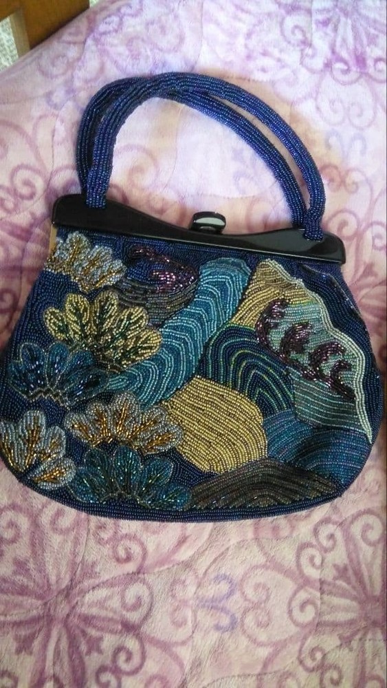 Showa Retro Hand-stitched Beaded Mini Bag Japanese Vintage Black Green Pearl Em