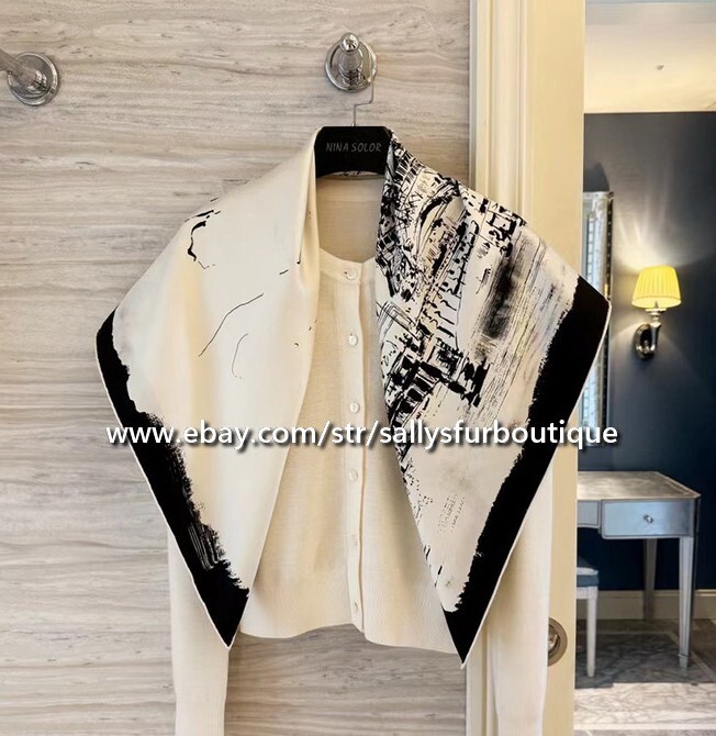Sally Boutique 18 Momme Twill Silk Wrap Scarf Eiffel Print Double Face Shawl 35