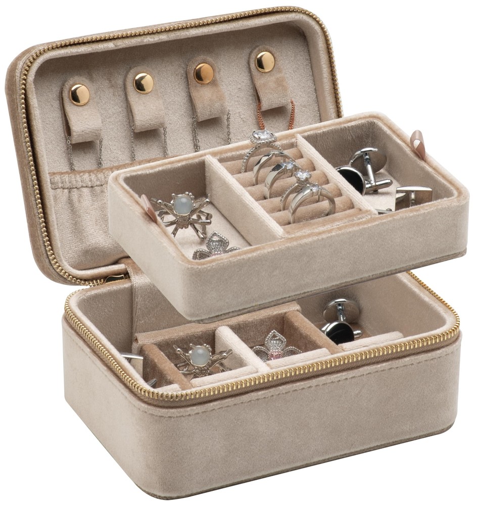 Velvet Travel Jewelry Organizer Box with Zipper Closure Portable Accessory Case