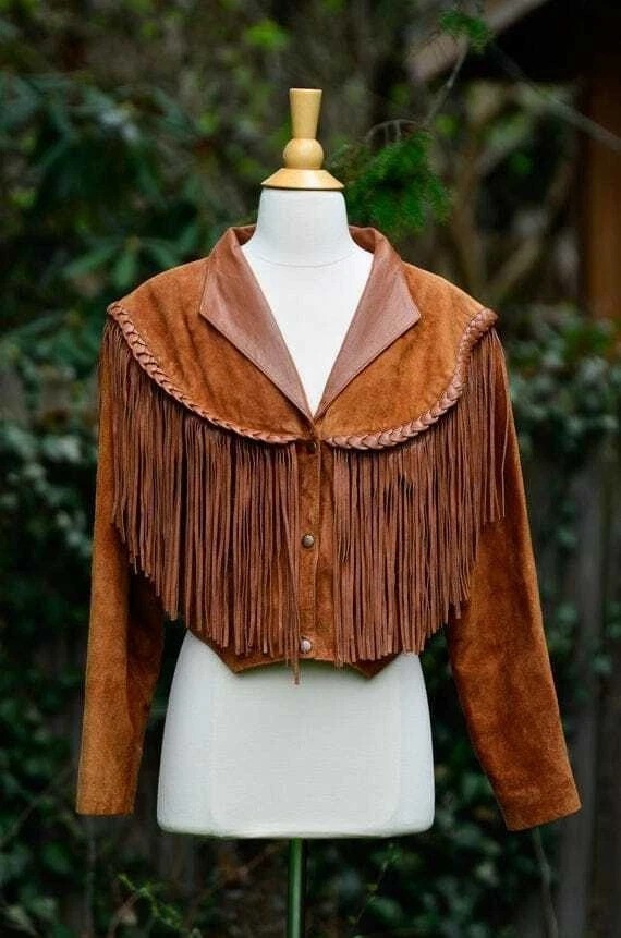 Women Brown Co Western Style Suede Leather Jacket With Long Real Leather Fringes