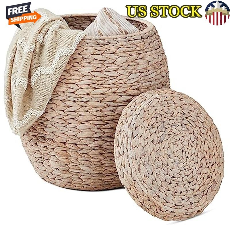 Handwoven Hyacinth Storage Basket Durable Organizer Tote W/ Lid Home Decor New