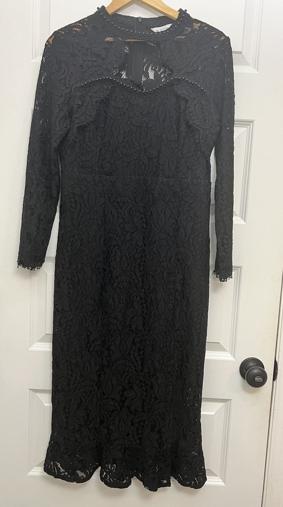 Long Sleeve Womens Beaded Floral Lace Midi Dress Sz L Cocktail Goth Victorian
