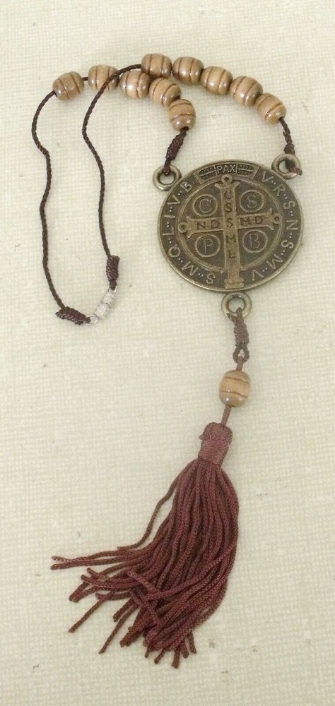 New St Benedict Bronze Medal Brown Carved Wood Rear View Auto Rosary Beads #b