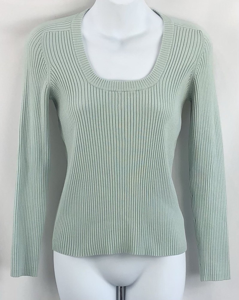 Vintage NY Cropped Sweater M Jrs Green Ribbed Knit ScoopNeck LongSleeve 90s Y2K