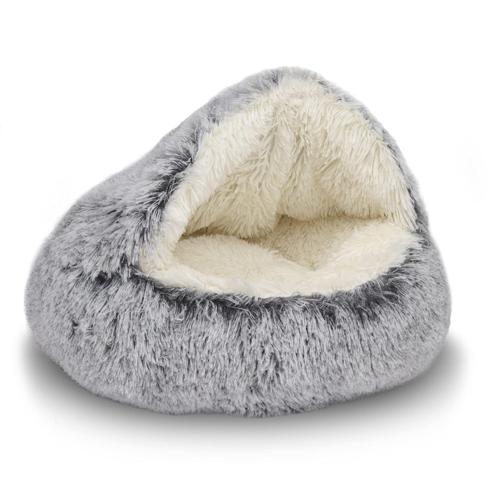 Fluffy Round Hooded Cat Bed Cave for Indoor Cats Cozy Warm Plush Pet Nest