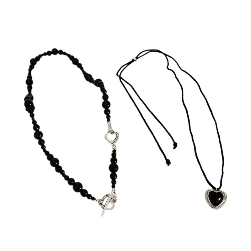 Love Heart Pendant Necklace for Women Baroque Clavicle Chain Black Pearls Choker