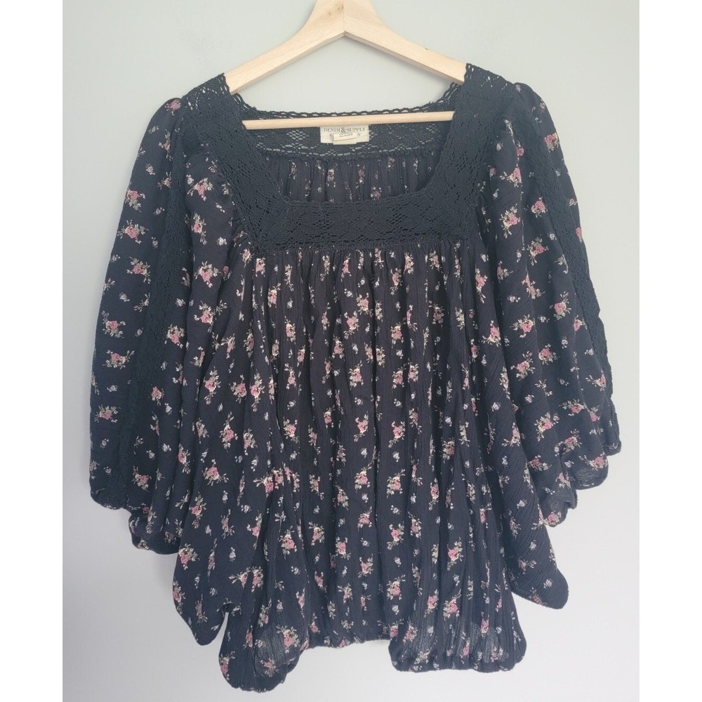 Denim & Supply Ralph Lauren Womens S Floral Boho Blouse Black