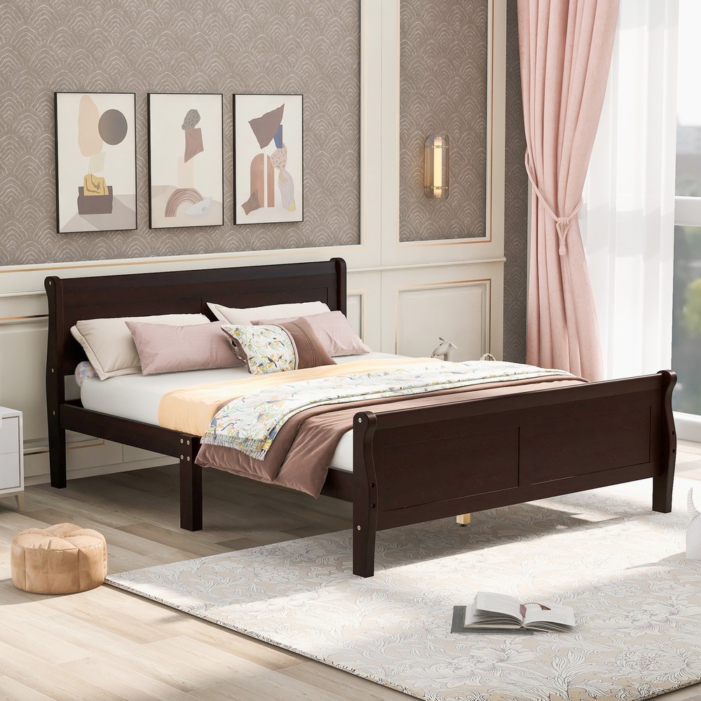 Espresso Full Size Wood Platform Bed with Headboard & Slat Support