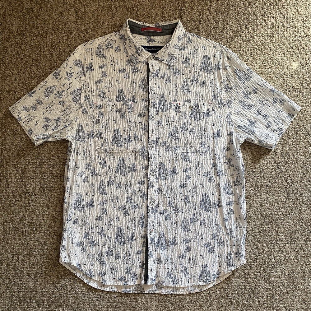 Tommy Bahama Hawaiian Shirt Mens Large L White  Floral Camp S/S Textured Stretch