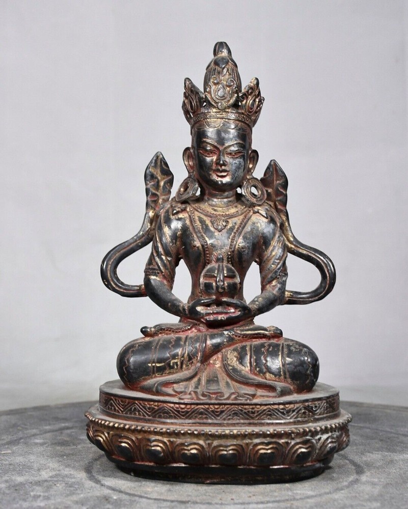 8.3 Inch Antique Tibetan Buddhist Gilt Bronze Amitabha Longevity Buddha Statue