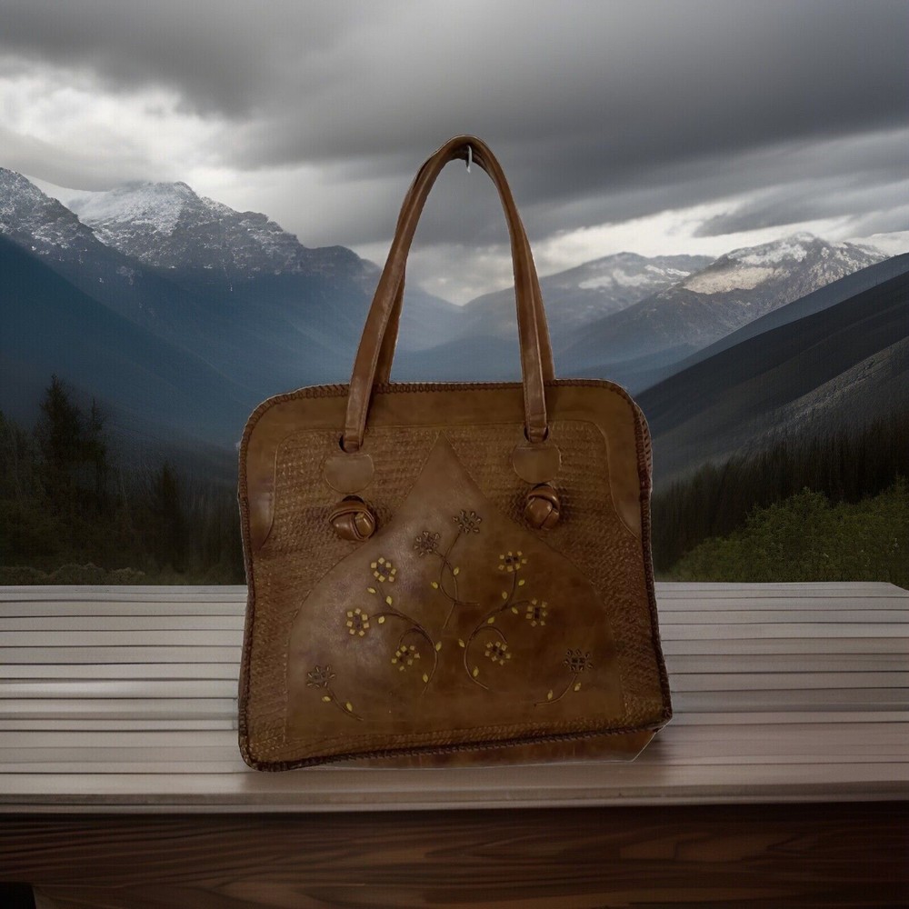 NOS  VTG Mexican LATIGO Leather BAG Caramel  Hand-Textured and Collaged NEW