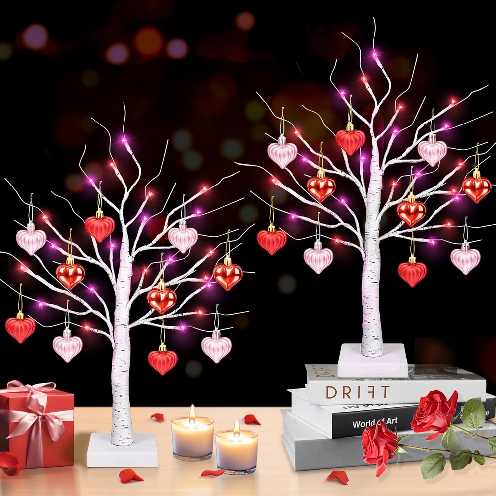 Valentines Day Decor 2 Pack 24 Inch Lighted Valentines Decorations Tree with ...
