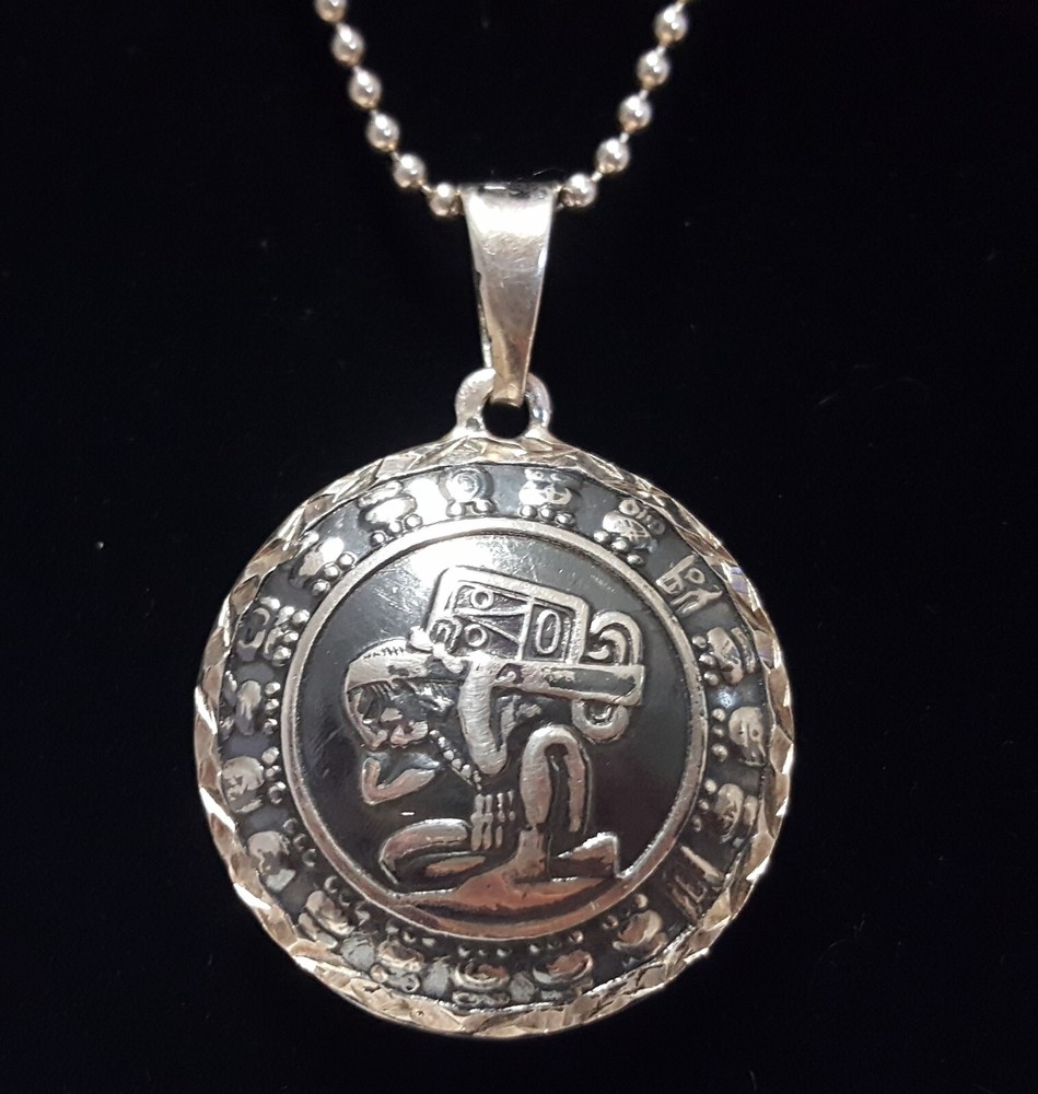 Mayan Calendar Time Carrier 950 Silver Pendant Necklace Reversible 925 Chain 24