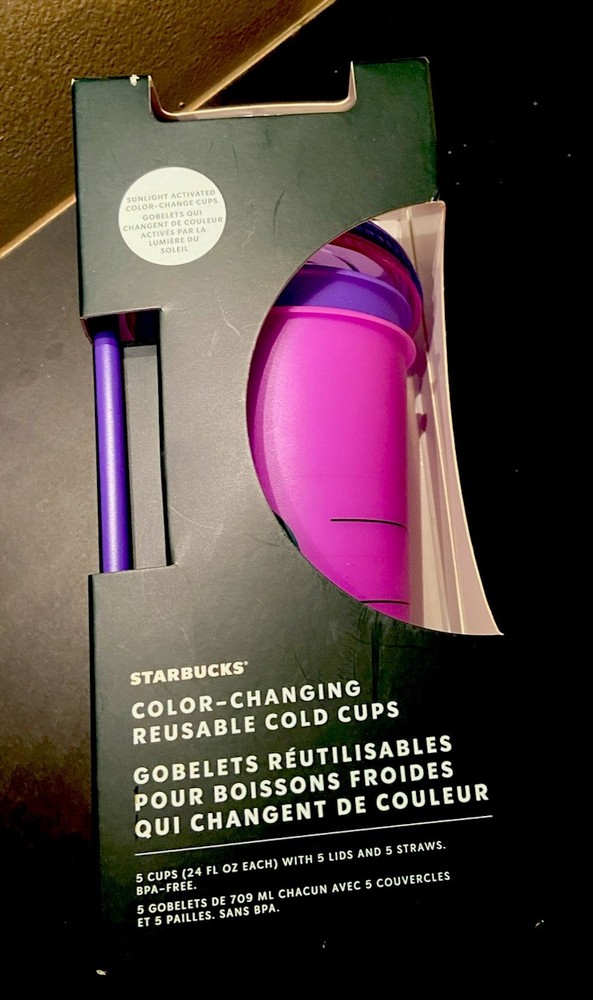 Starbucks Color-Changing Purple Reusable Cold Cups Set of 5 with Lids and Straws