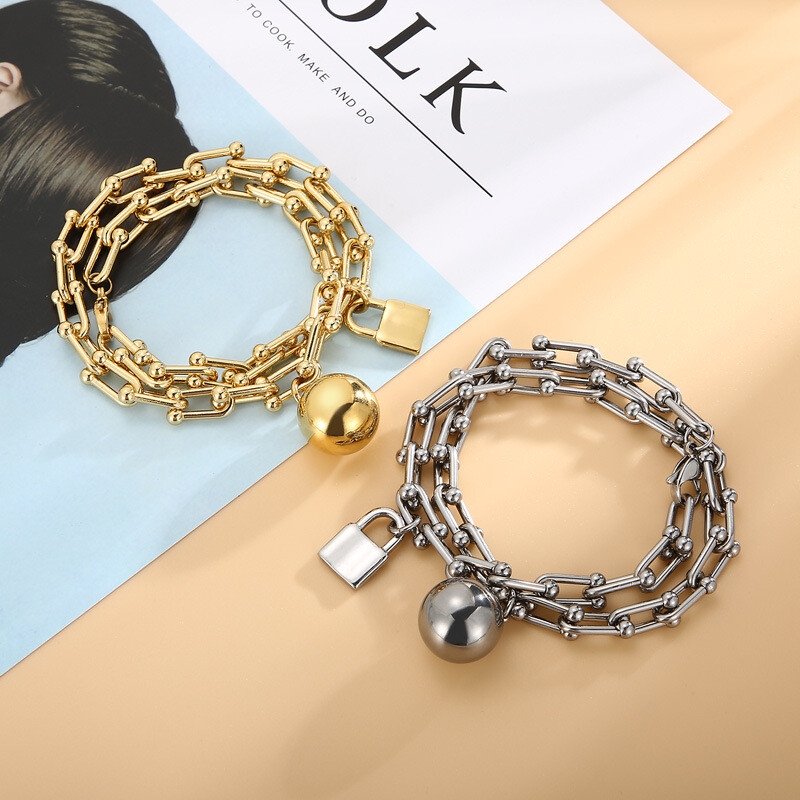 Titanium steel double layer round ball bracelet for women  
