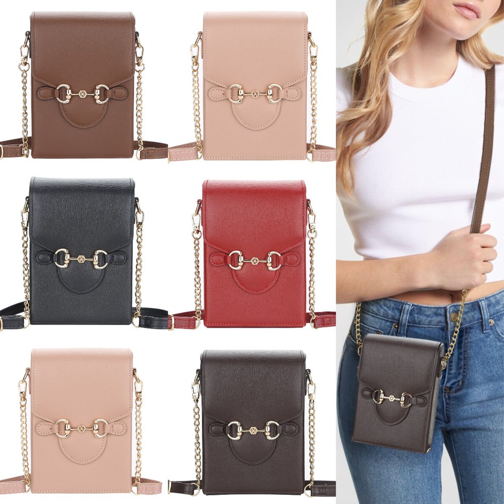 Gold Metal Chain Leather Crossbody Bag Phone Holder Card Organizer Retro Wallet