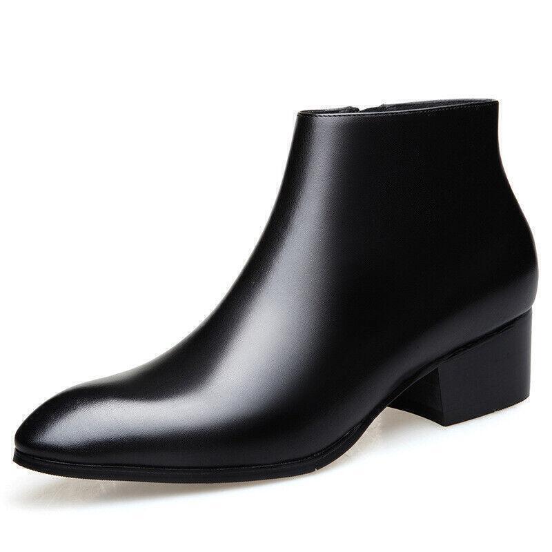 Mens Leather Side Zip Pointed Toe Ankle Boots Casual Party Formal Business Shoes