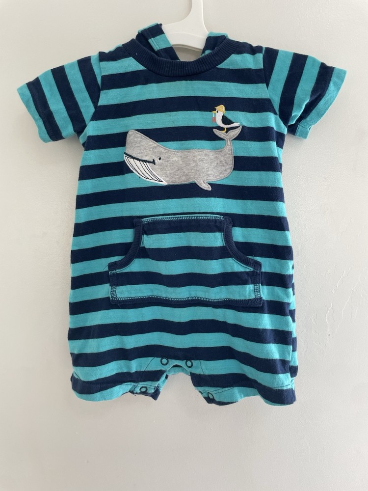Carters Baby Boy Cute Whale Bird 100% Cotton Striped Hooded Romper Navy Blue 12M
