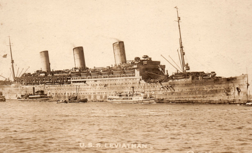 WWI USS Leviathan Transport Ship Ocean Liner Tug Boats RPPC Real Photo Postcard