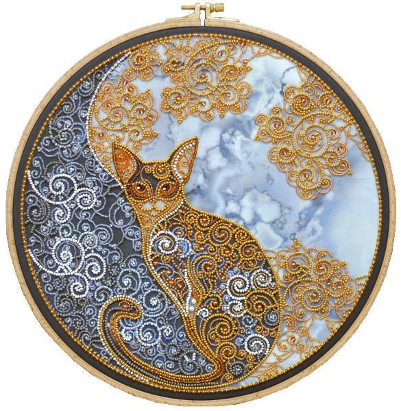 Bead embroidery kit Moon Cat needlework kit Art canvas beadwork pattern