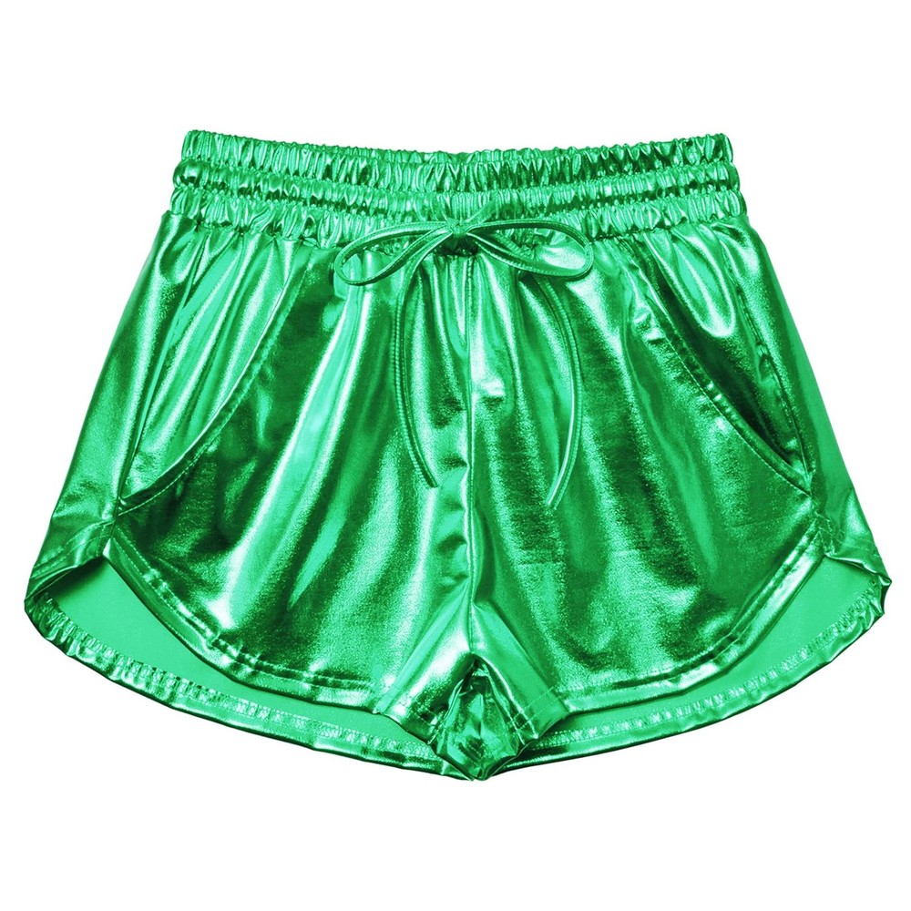 Women's Dark Green Metallic Shiny Shorts for Yoga, Party, or Casual Wear