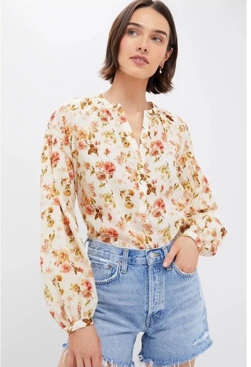 TUCKERNUCK Romantic Floral Camden Blouse XS Preppy 100% Cotton Cream Pink Top