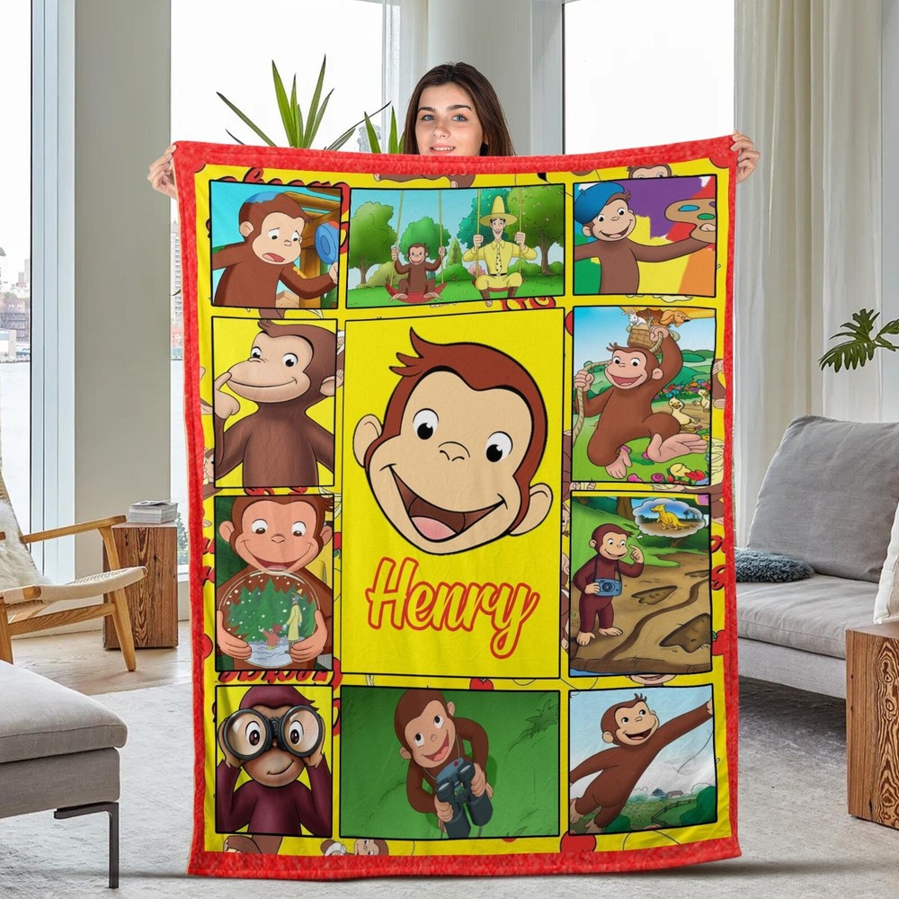 Custom Curious George Fleece Blanket for Kids Personalized Birthday Gift