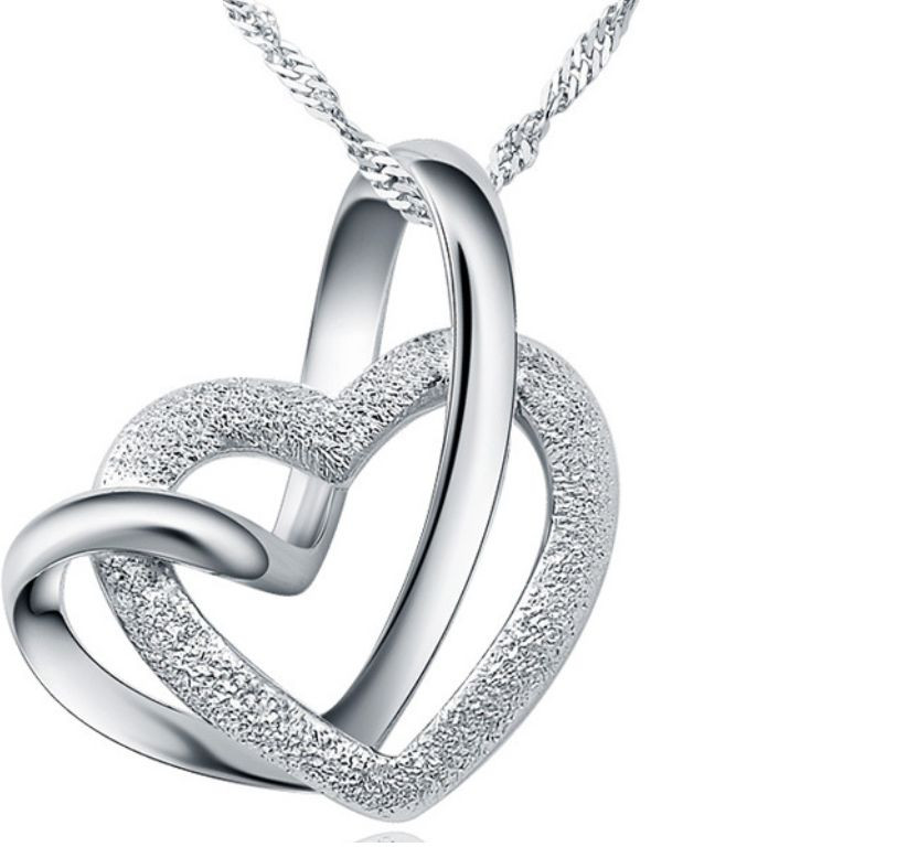 Women Sterling Silver Love Double Heart Pendant Necklace 18