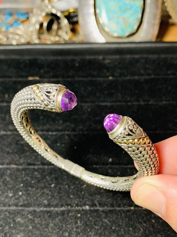 BALI INDONESIA SILVER 925 & 18K ROBERT MANSE FACETED AMETHYST HINGED BRACELET