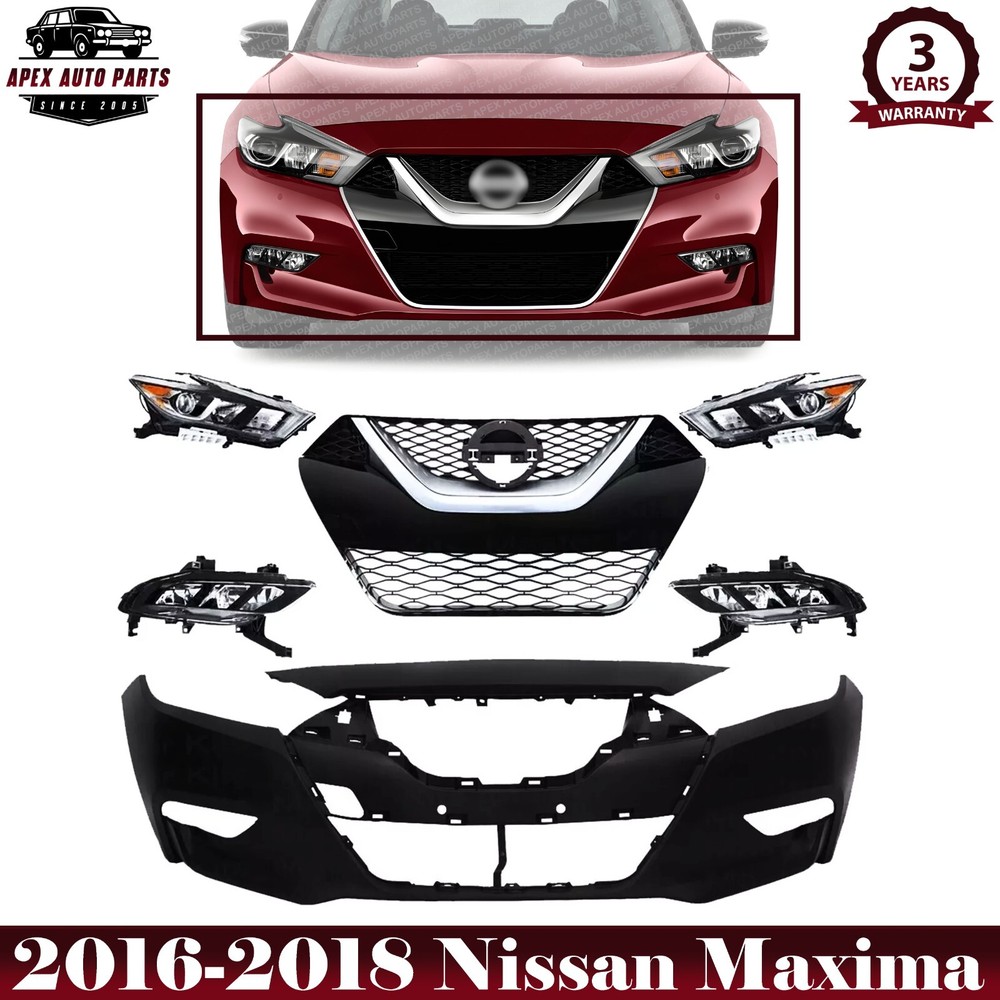 Front Bumper Cover Headlight Pair& Grille Assembly For 2016 - 2018 Nissan Maxima