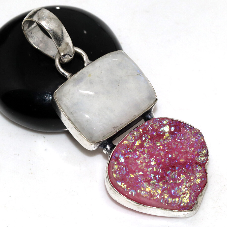 Rainbow Moonstone Titanium Druzy Long Pendant Size 2