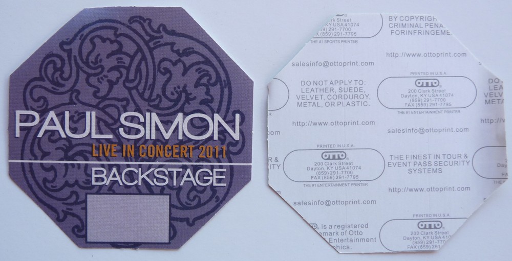 Paul Simon 2011 Concert Tour Purple Backstage Pass D21