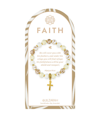NEW JILZARAH Clay Beads FAITH GOLD CROSS CHARM IVORY PALM Petite 8mm Bracelet