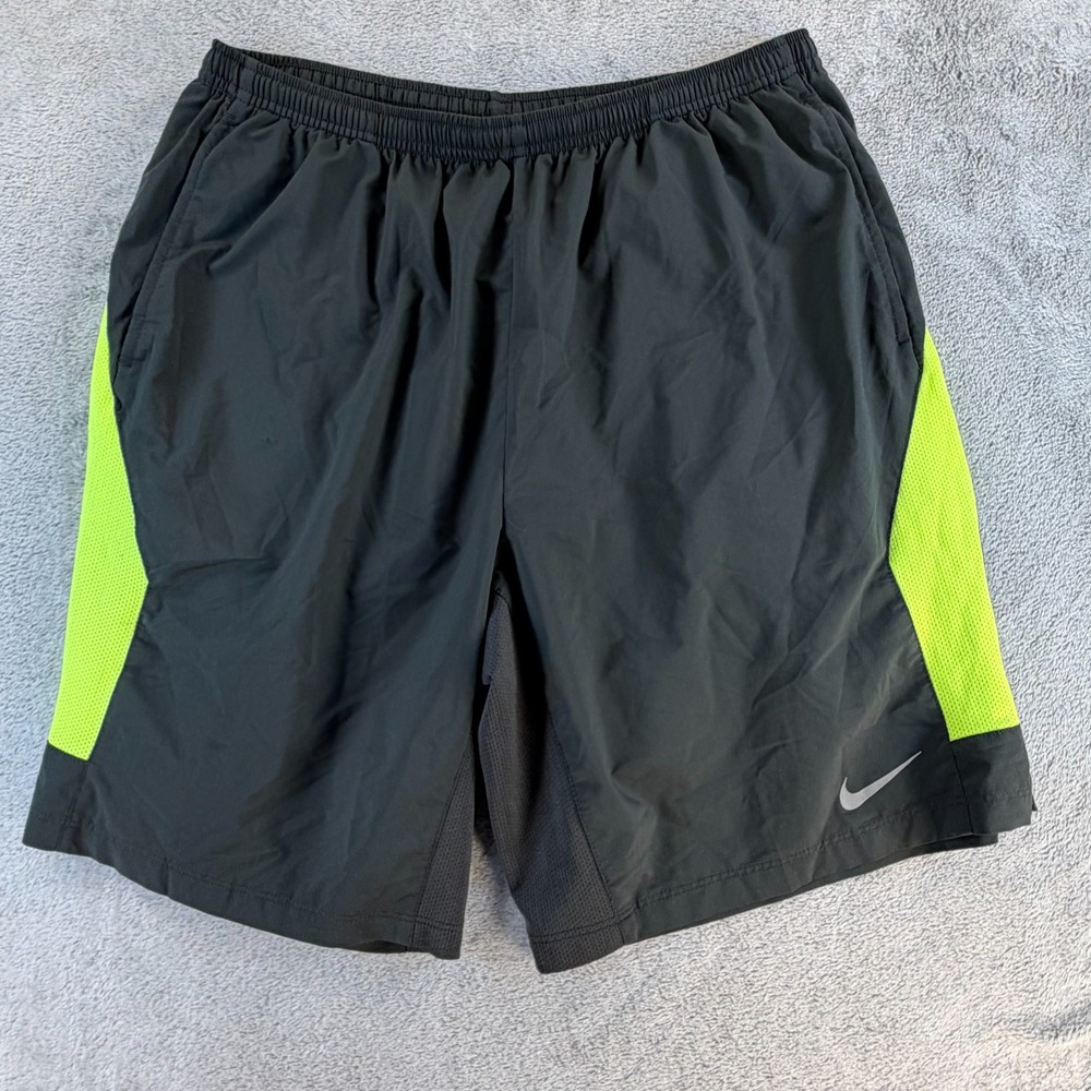 Nike Dri-FIT Men Running Shorts Black Neon Green Mesh L Athletic