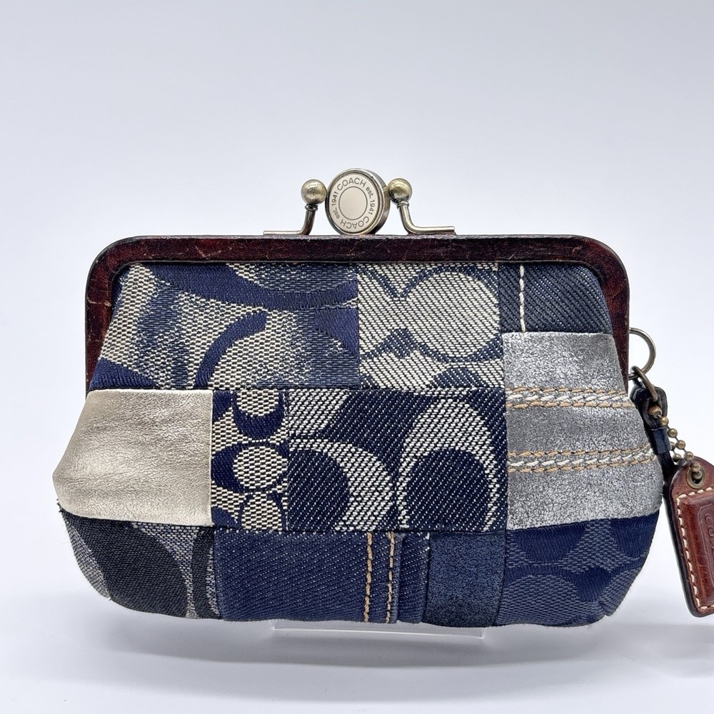 Coach vintage Y2K denim patchwork kisslock leather wallet Blue