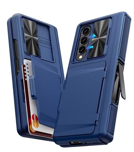 for Galaxy Z Fold 3 Case with Hinge Protection & Credit Card Holder & Blue