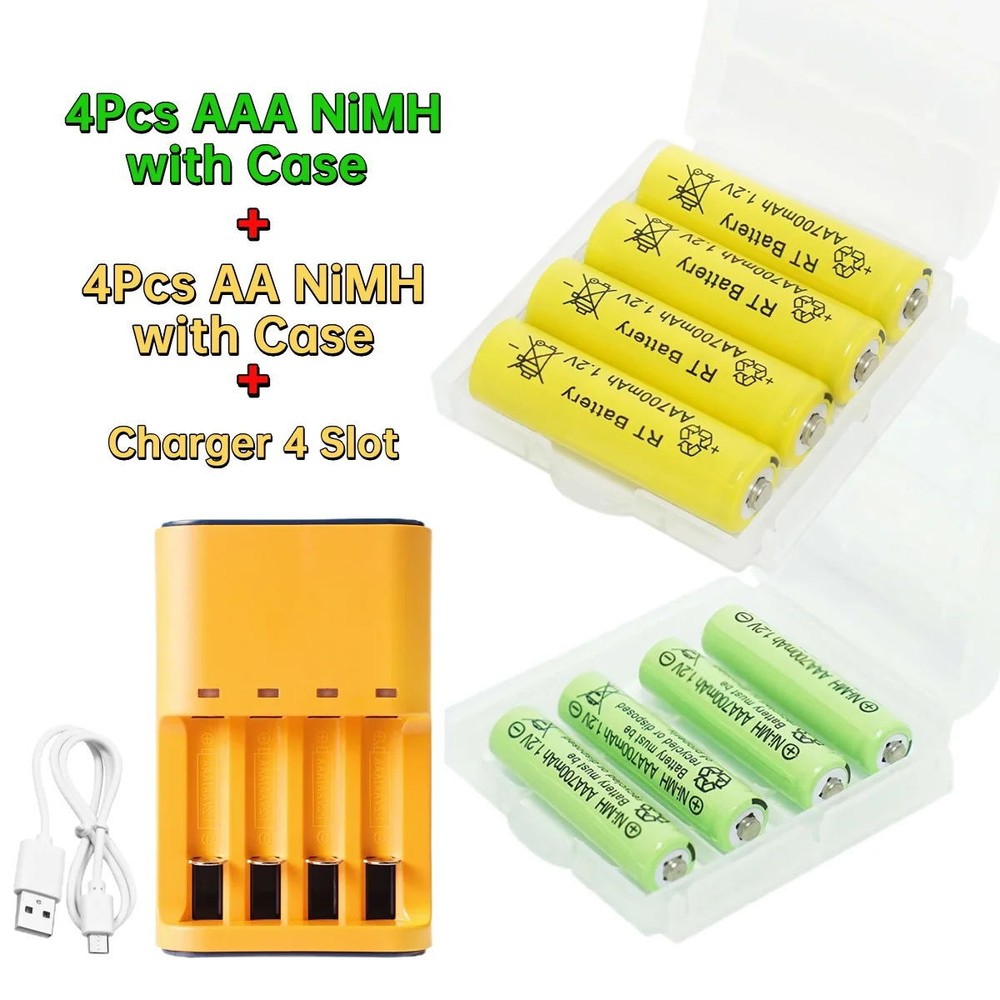 4Pcs AA and AAA Ni-MH Rechargeable Batteries 1.2V 700mAh with 4-Slot Charger