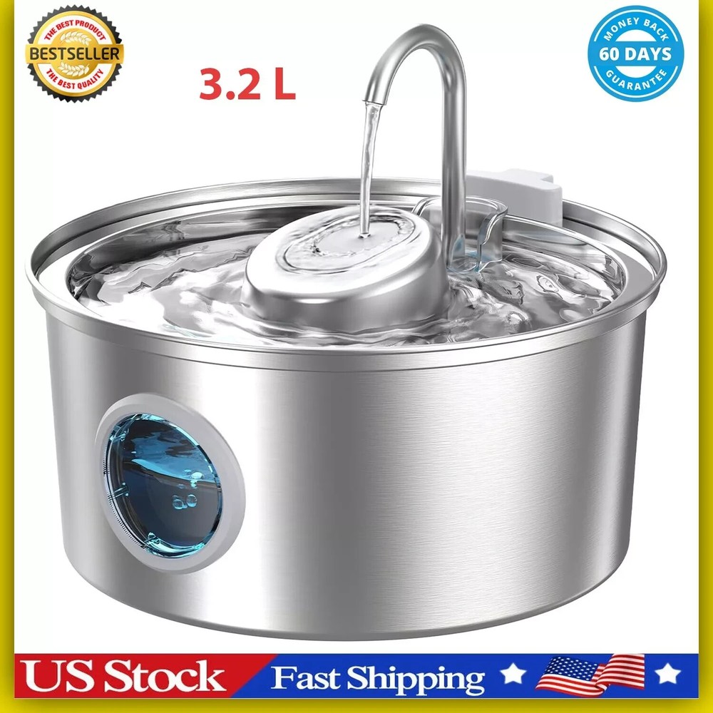 Stainless Steel Cat Water Fountain 3.2L Pet Drinking Fountain Dispenser for Cats