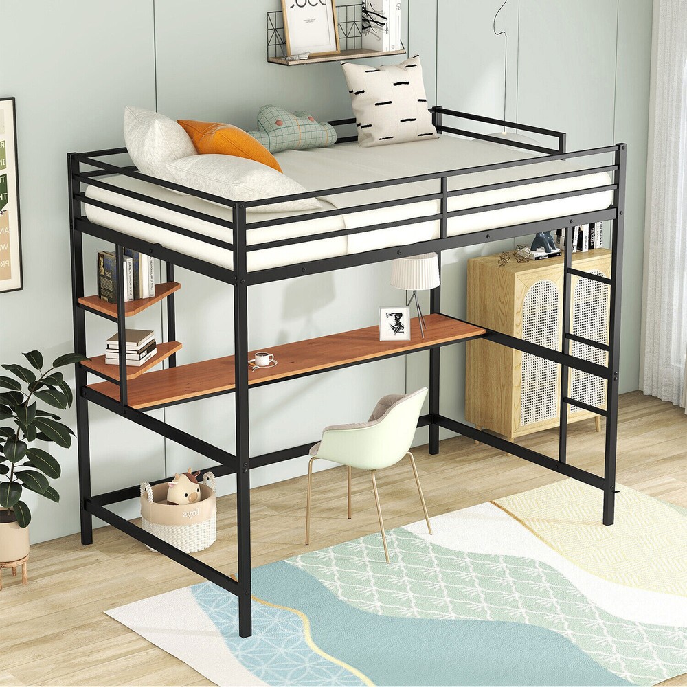Full Size Metal Loft Bed with Built-In Desk and Shelf for Kids or Adults-image