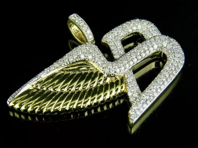 Men's 14K Yellow Gold Bentley B Wings Pendant with 2Ct Round Cut Diamond